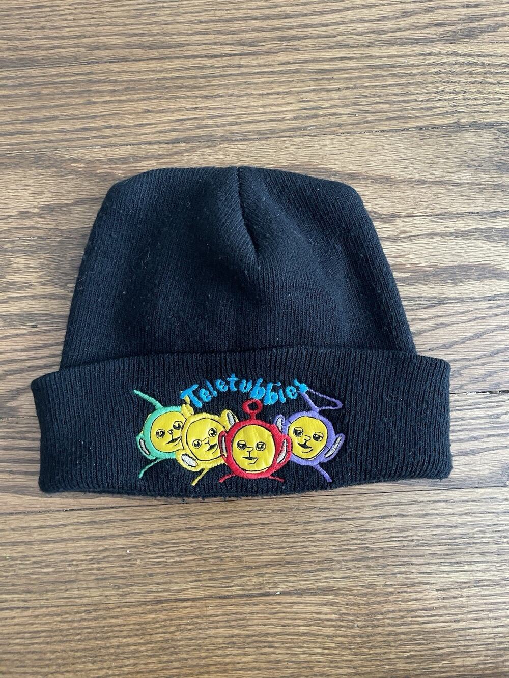 Vintage Teletubbies Black Beanie Hat Y2K Cartoon Winter Embroidered Knit RARE
